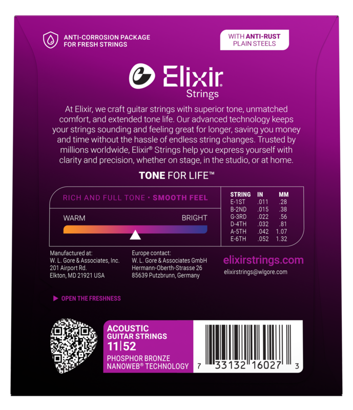 Elixir Phosphor Bronze Acoustic Guitar Strings, NANOWEB, Custom Light (.011-.052)