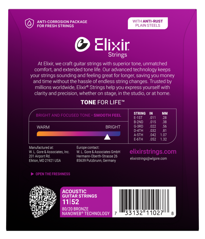 Elixir 80/20 Bronze Acoustic Guitar Strings, NANOWEB, Custom Light (.011-.052)
