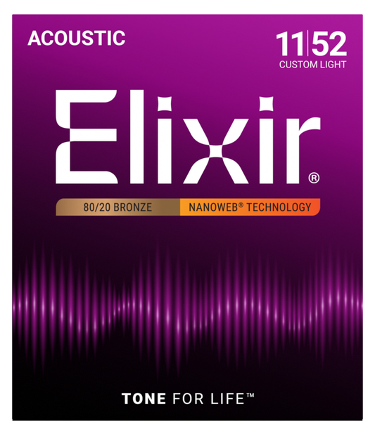 Elixir 80/20 Bronze Acoustic Guitar Strings, NANOWEB, Custom Light (.011-.052)