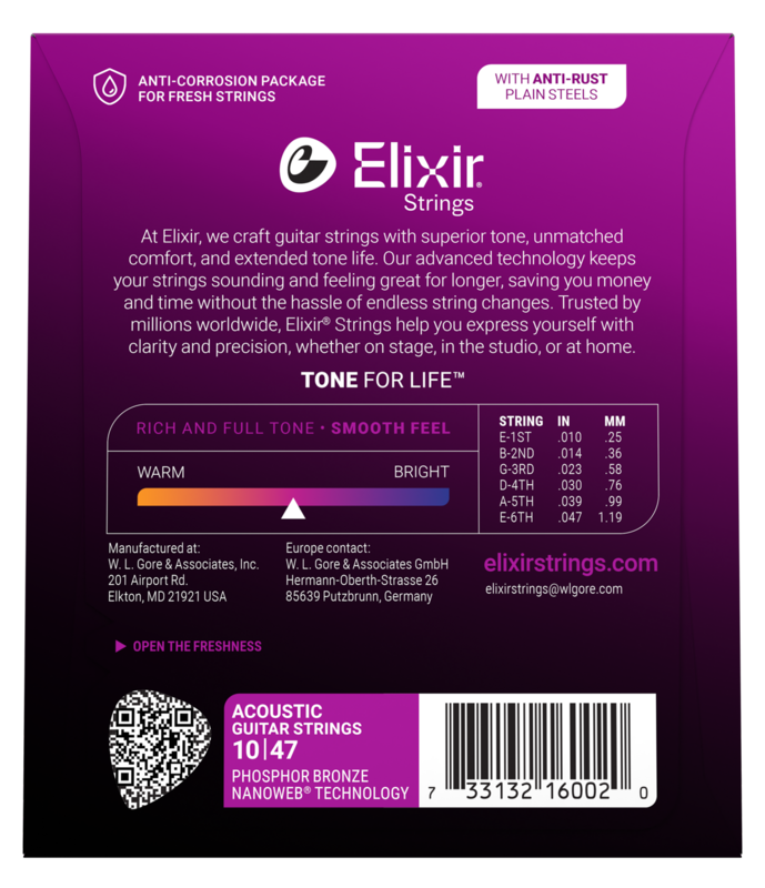Elixir Phosphor Bronze Acoustic Guitar Strings, NANOWEB, Extra Light (.010-.047)