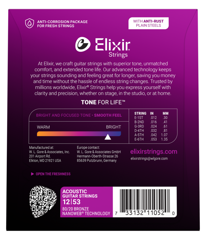 Elixir 80/20 Bronze Acoustic Guitar Strings, NANOWEB, Light (.012 -. 053)