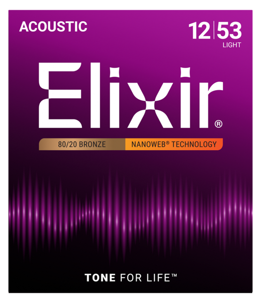 Elixir 80/20 Bronze Acoustic Guitar Strings, NANOWEB, Light (.012 -. 053)